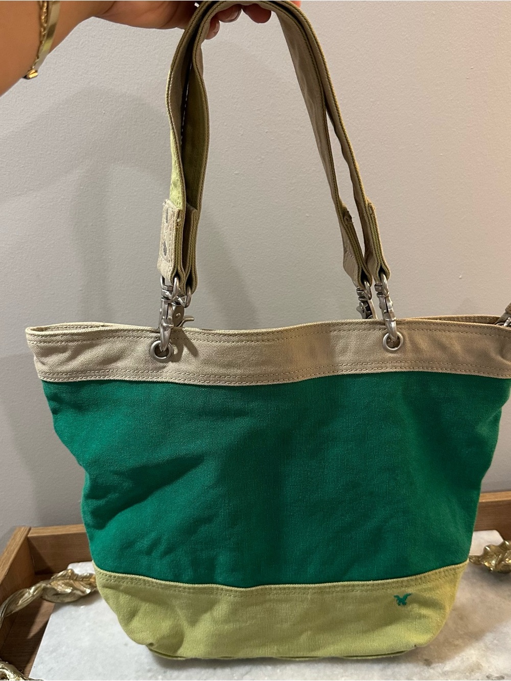 2000s American Eagle Green Two-Tone Canvas Tote Bag with Beige Trim